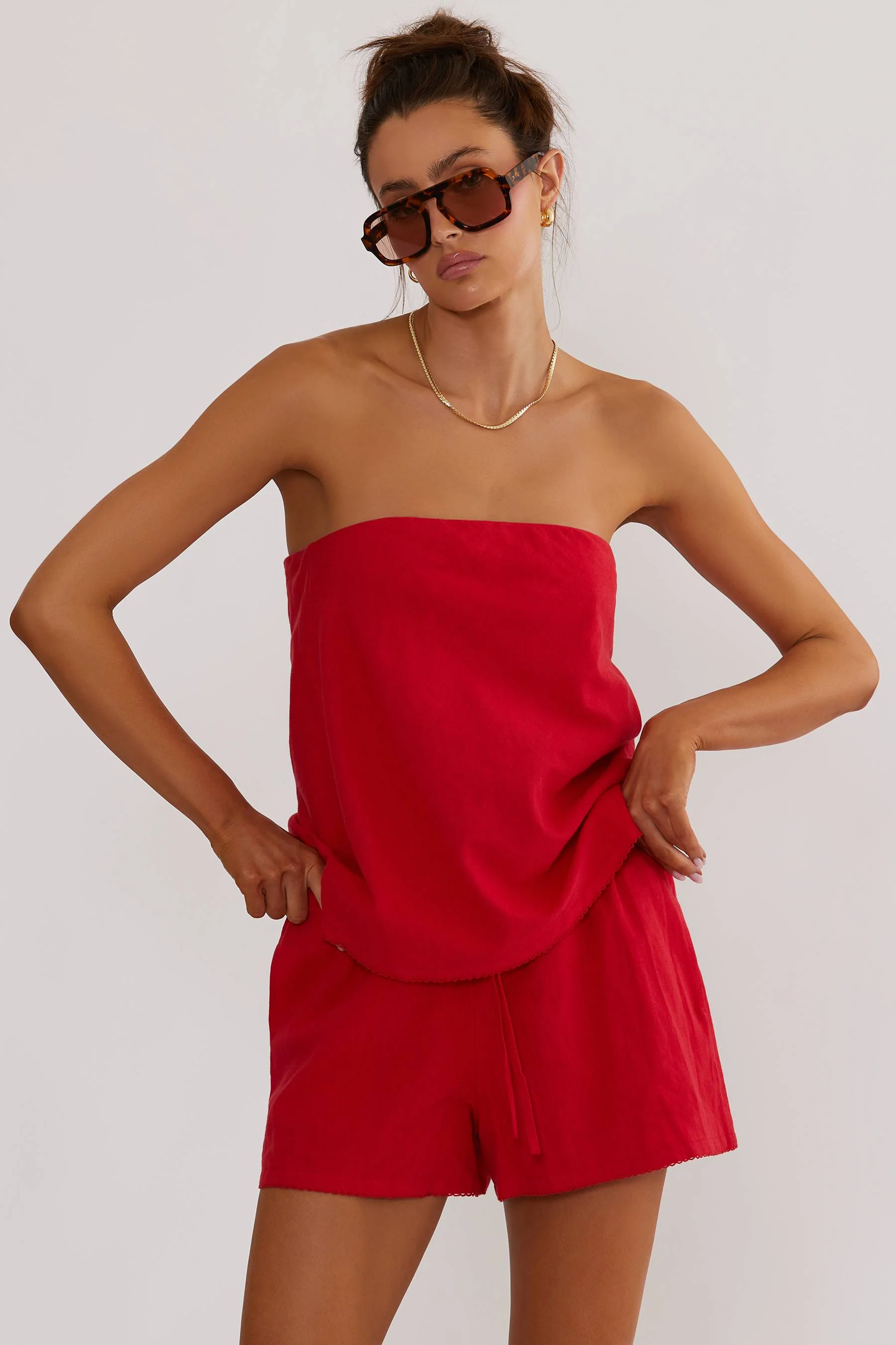 Celeste Strapless Top Red Linen